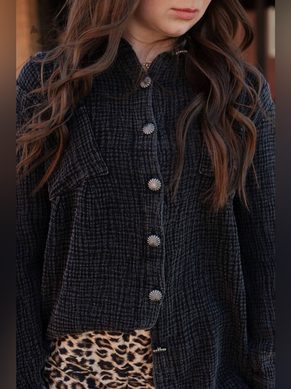 NWT 2Flyco Acres Button Up Black Wash Crinkle Gauze Shirt S/M Western Concho